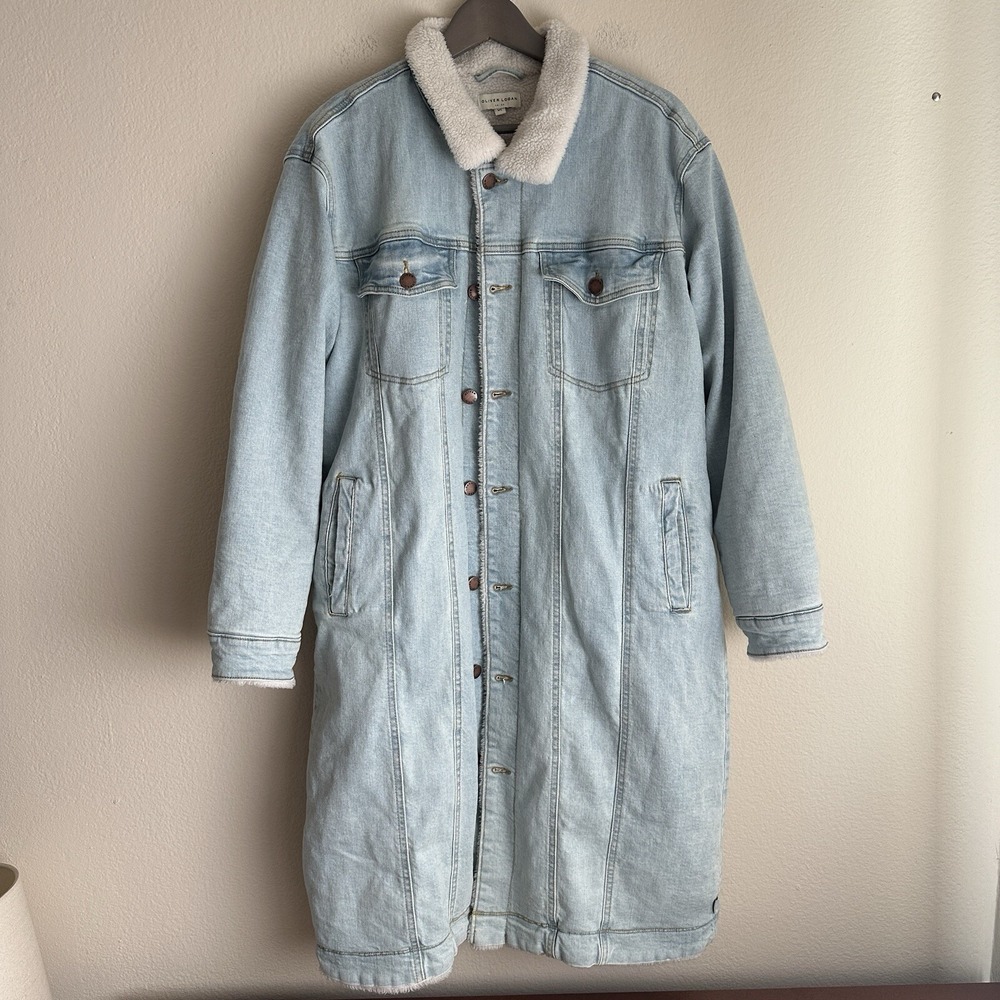 Oliver Logan Long Denim Jacket Womens XL Light Wash Sherpa Lined Oversized Coat